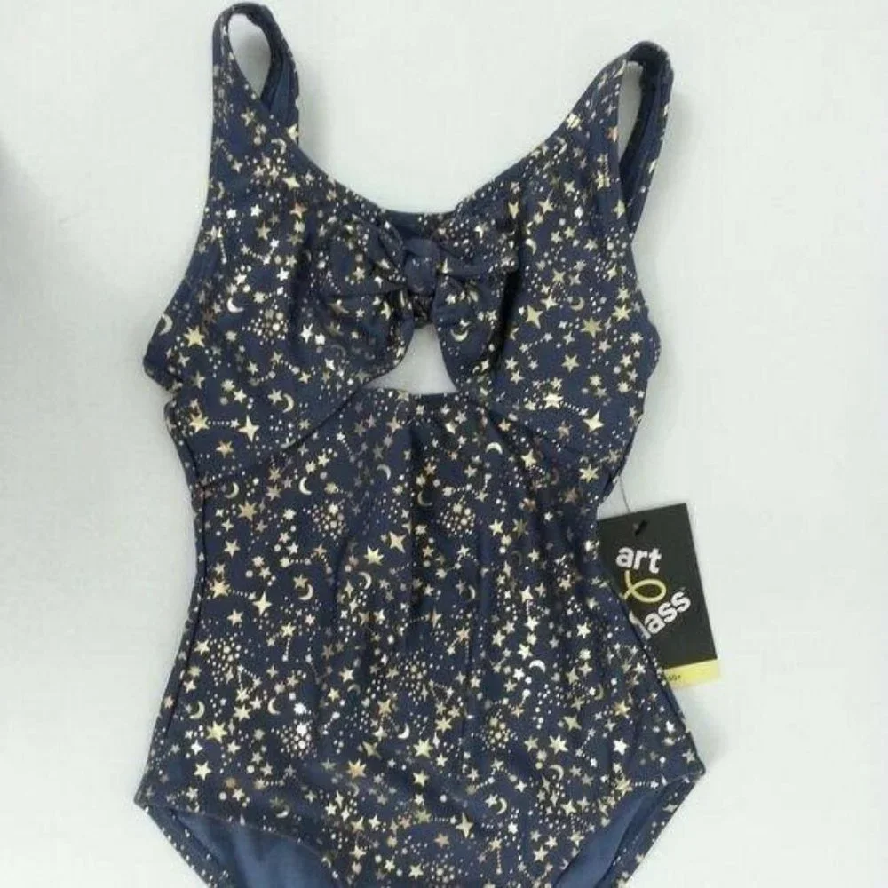 Art Class Girls swim suit Zephyr Blue with gold metallic Moon Stars Bathing